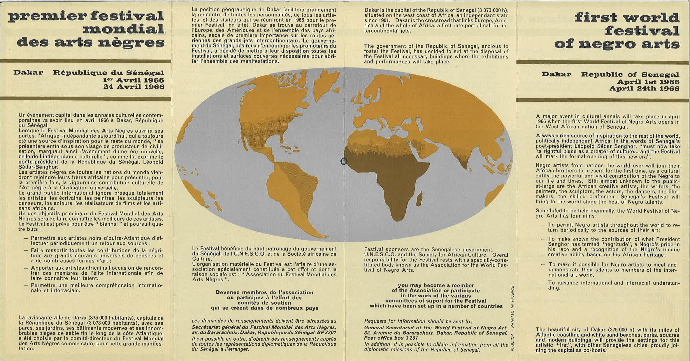 A yellow insert from the First World Festival of Negro Arts. It is in French on the left and English on the right. There is a world map in the middle with text all around.