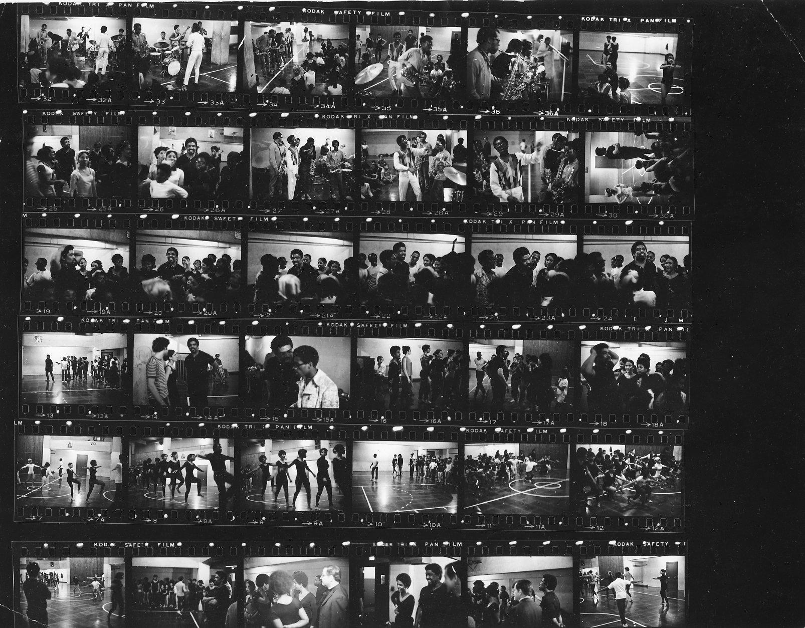 A thumbnail strip of black and white images