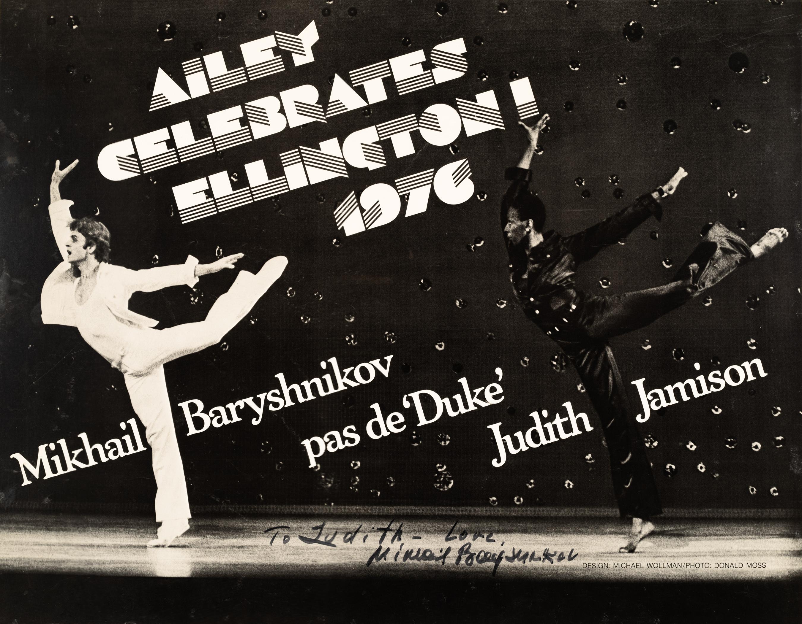 A poster for Alvin Ailey American Dance Theater Pas de Duke. There are two dancers, one in black and one in white. The text reads Ailey Celebrates Ellington 1976 and then Mikhail Baryshkinov and Judith Jamison are named below.