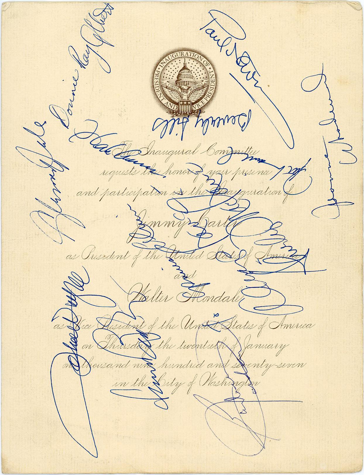 A sepia invitation from President Carter to the Alvin Ailey American Dance Theater. There are several signatures in blue ink over faded text.