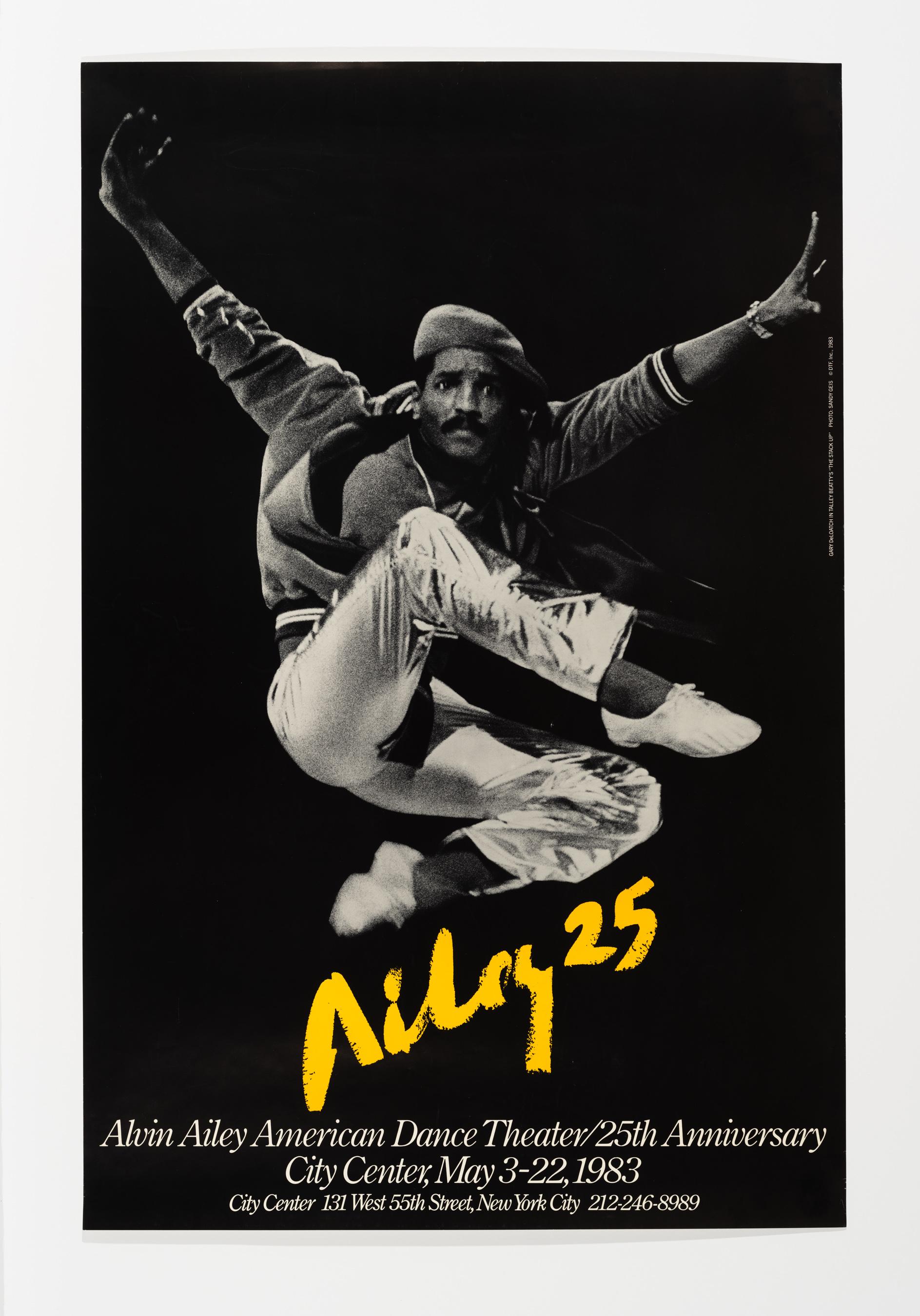 A poster for Ailey 25. The words Ailey 25 are in yellow graffiti under a dancer who is jumping in the air with his arms in a V