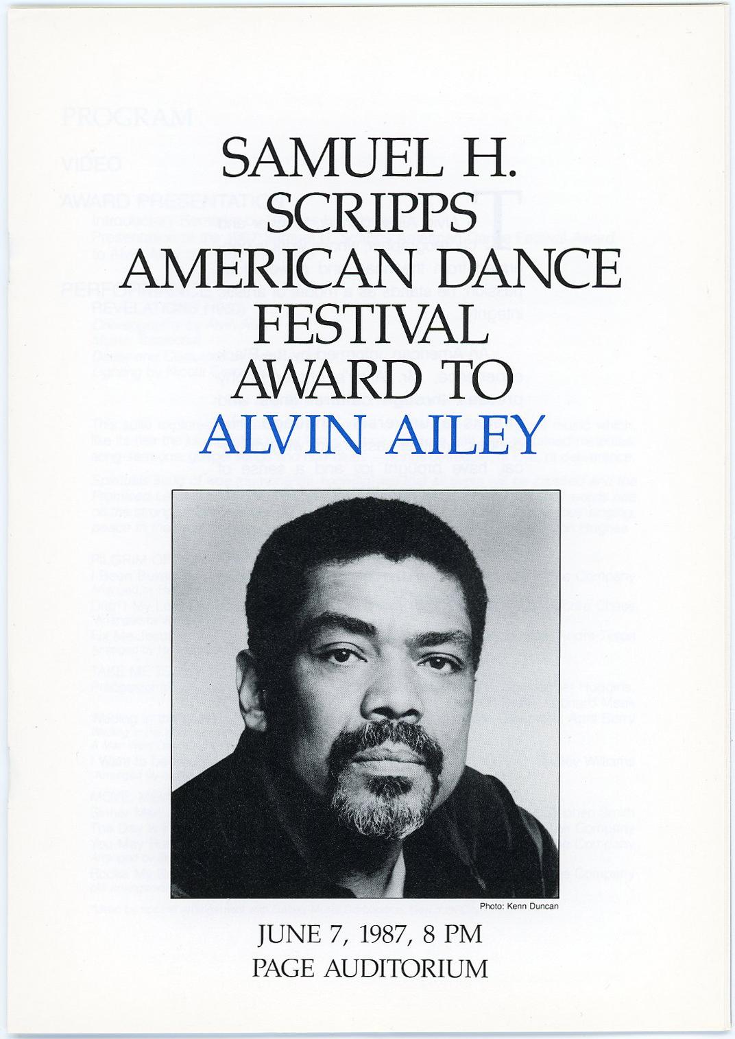 Text on a white background for a Scripp award to Mr. Ailey. A black and white headshot of him is below.