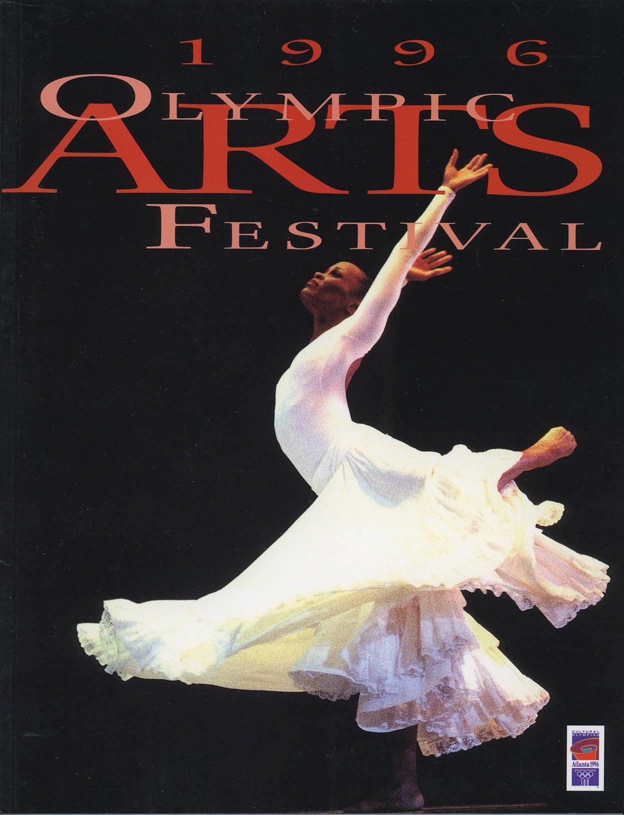 A poster of a dancer in a white dress leaping on a black background. There is red text that says 1996 Olympics Arts Festival