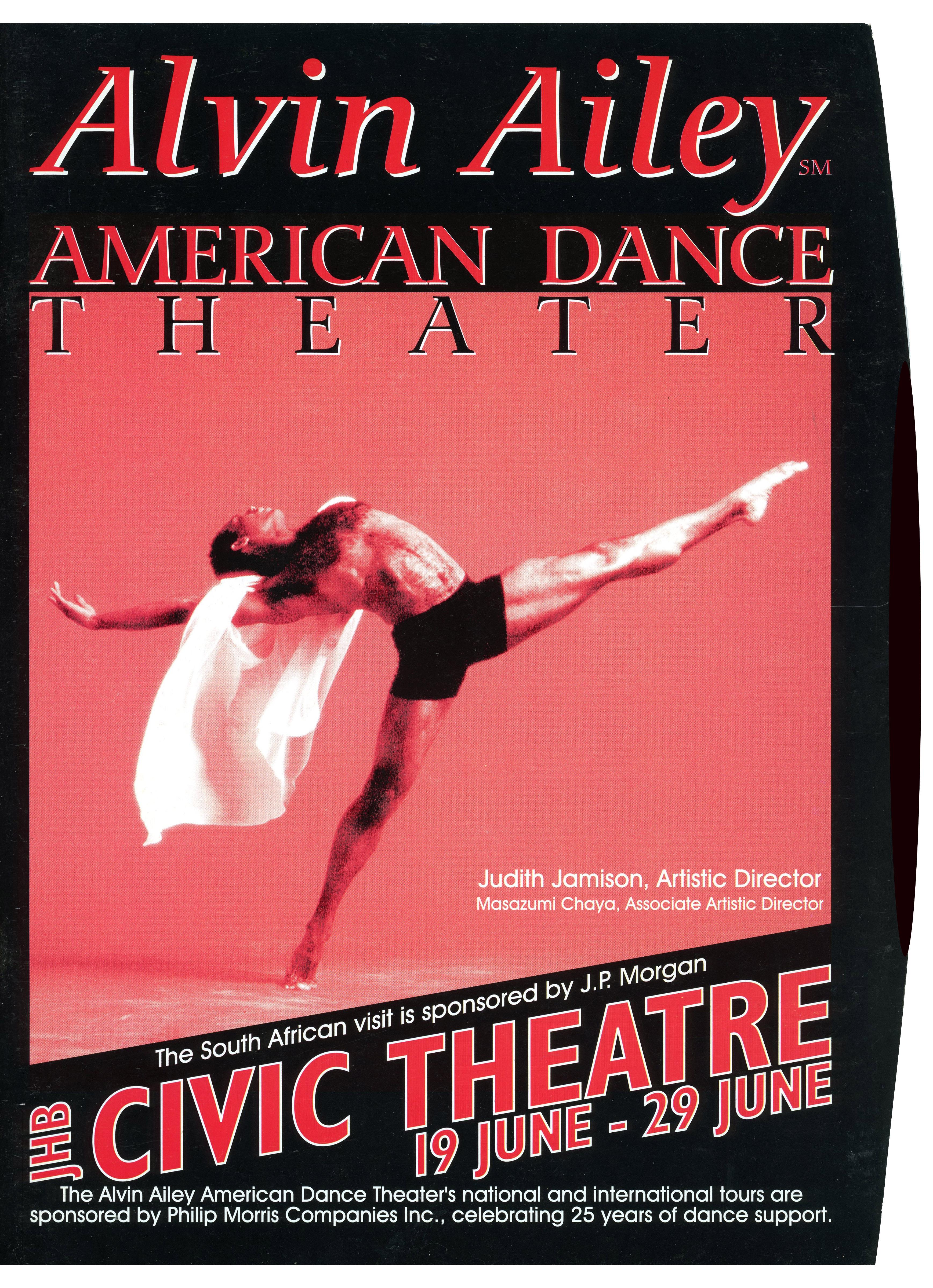 A poster for Alvin Ailey American Dance Theater at the Civic Theatre. There is a red background with a dancer with his leg in the air. He is wearing a white open flowy shirt and black shorts. The text is red.