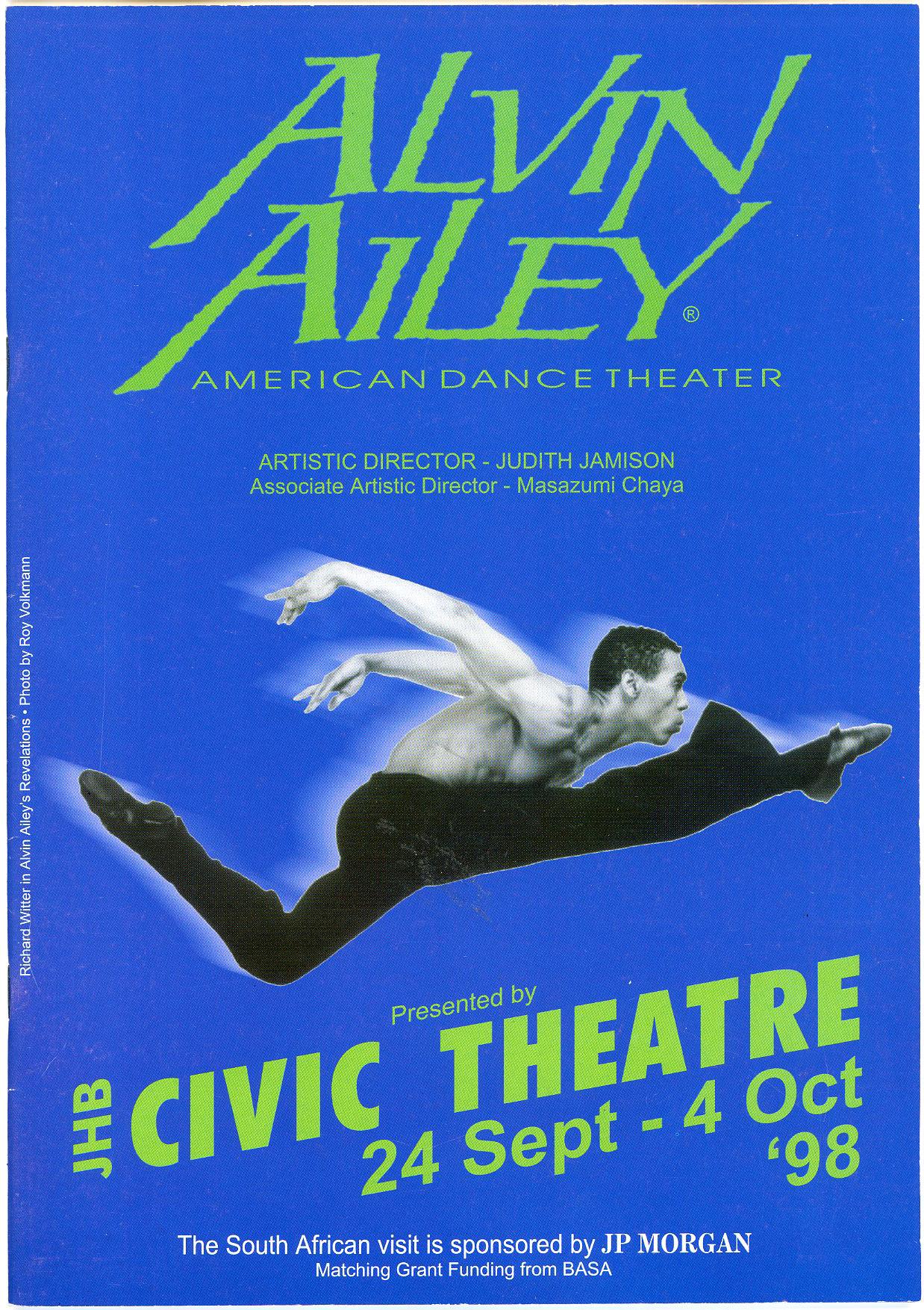 A blue poster for Alvin Ailey American Dance Theater at the Civic Theatre. There is a dancer in a leap with his back leg bent and his arms behind him. The text is green. 