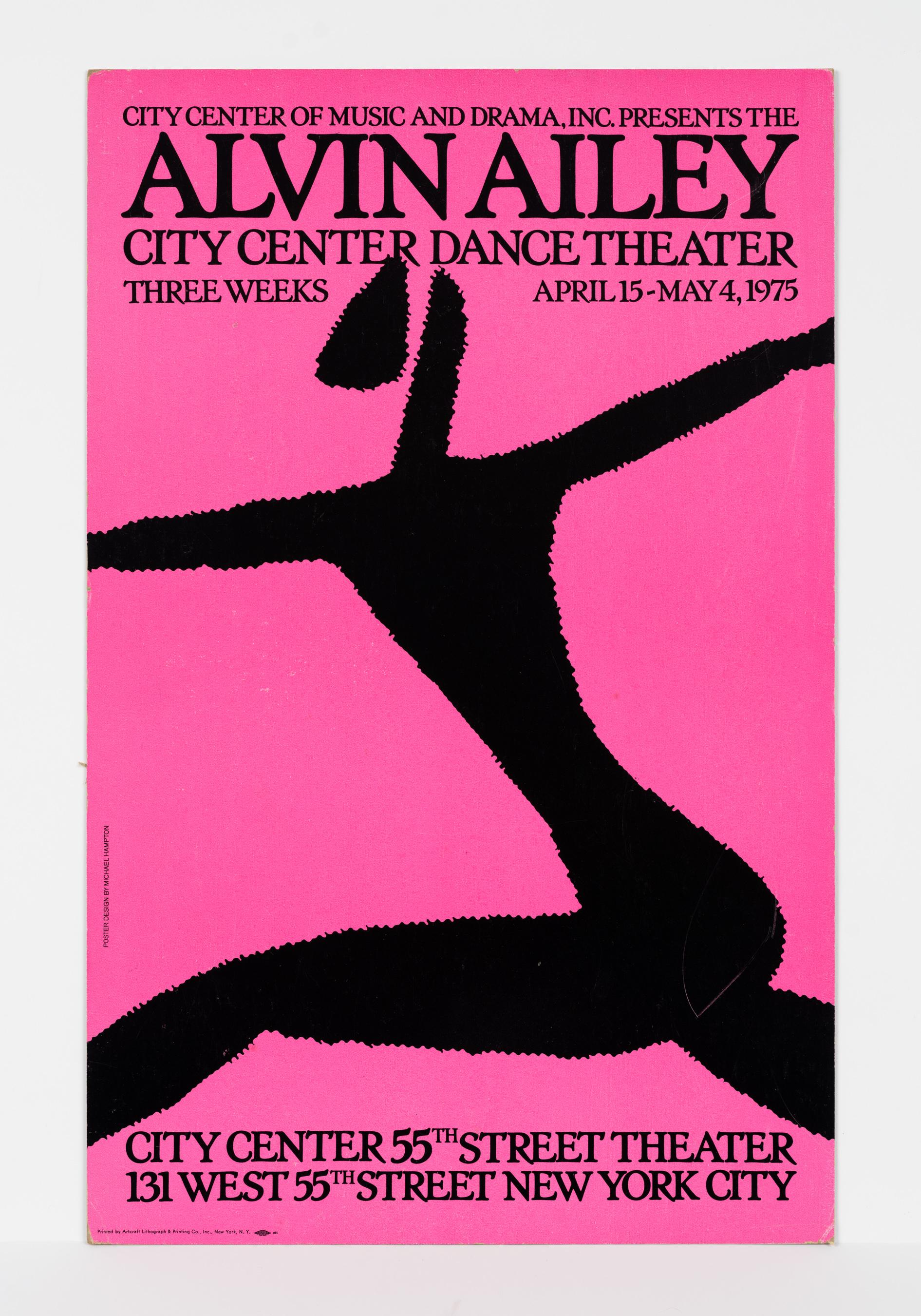 A pink poster with a black illustration of a dancer. ALVIN AILEY is written across the top.