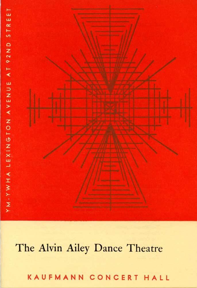 Program cover for The Alvin Ailey Dance Theatre performance at Kaufmann Concert Hall. Features a red background with an abstract black geometric design. Text on the left reads YM-YWHA Lexington Avenue at 92nd Street.