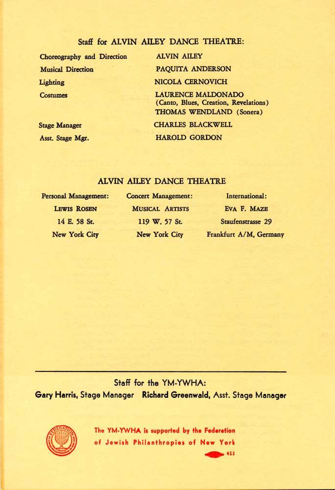 A yellow page of staff from the Alvin Ailey American Dance Theater