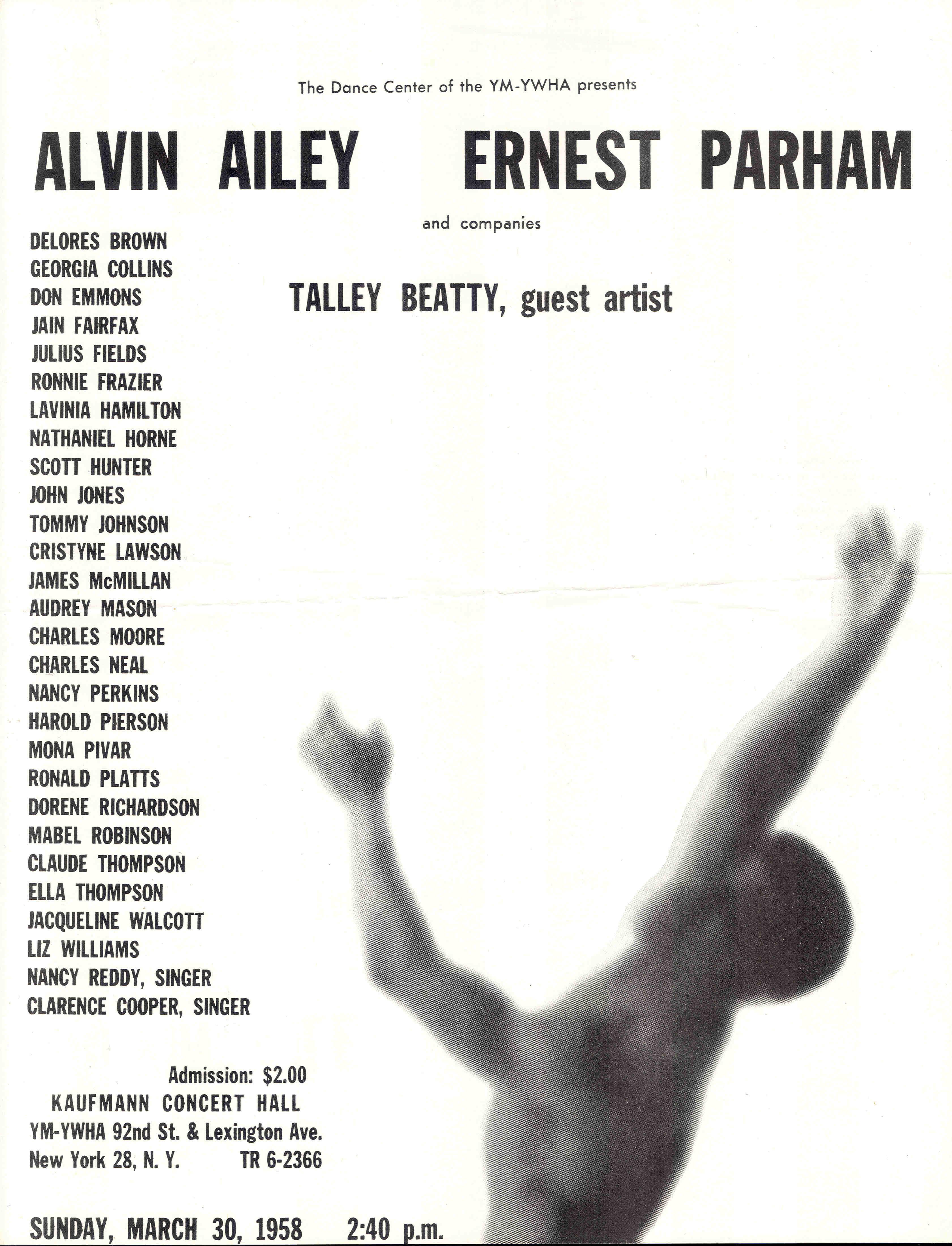 Cover of the program for the 1958 Ailey & Parham dance performance. It is black and white with two names up top and a list of names below. There is a dancer on the bottom right.