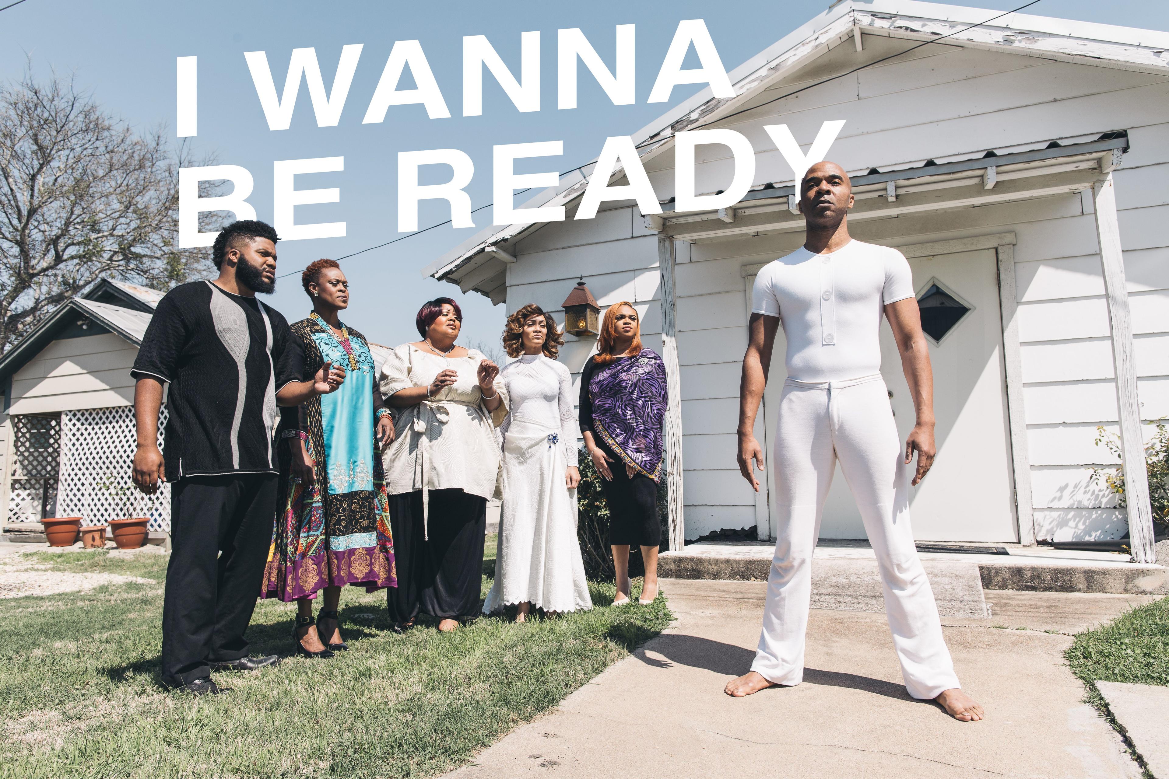 This image titled "I Wanna Be Ready" from 2018 showcases a group of individuals in a powerful and evocative scene, likely inspired by the Alvin Ailey American Dance Theater's renowned piece "Revelations." The composition highlights a central figure dressed in white, standing confidently in front of a modest house, suggesting themes of readiness, resilience, and spiritual preparation. The surrounding individuals are dressed in varied attire, contributing to a rich, diverse tableau that underscores the cultur