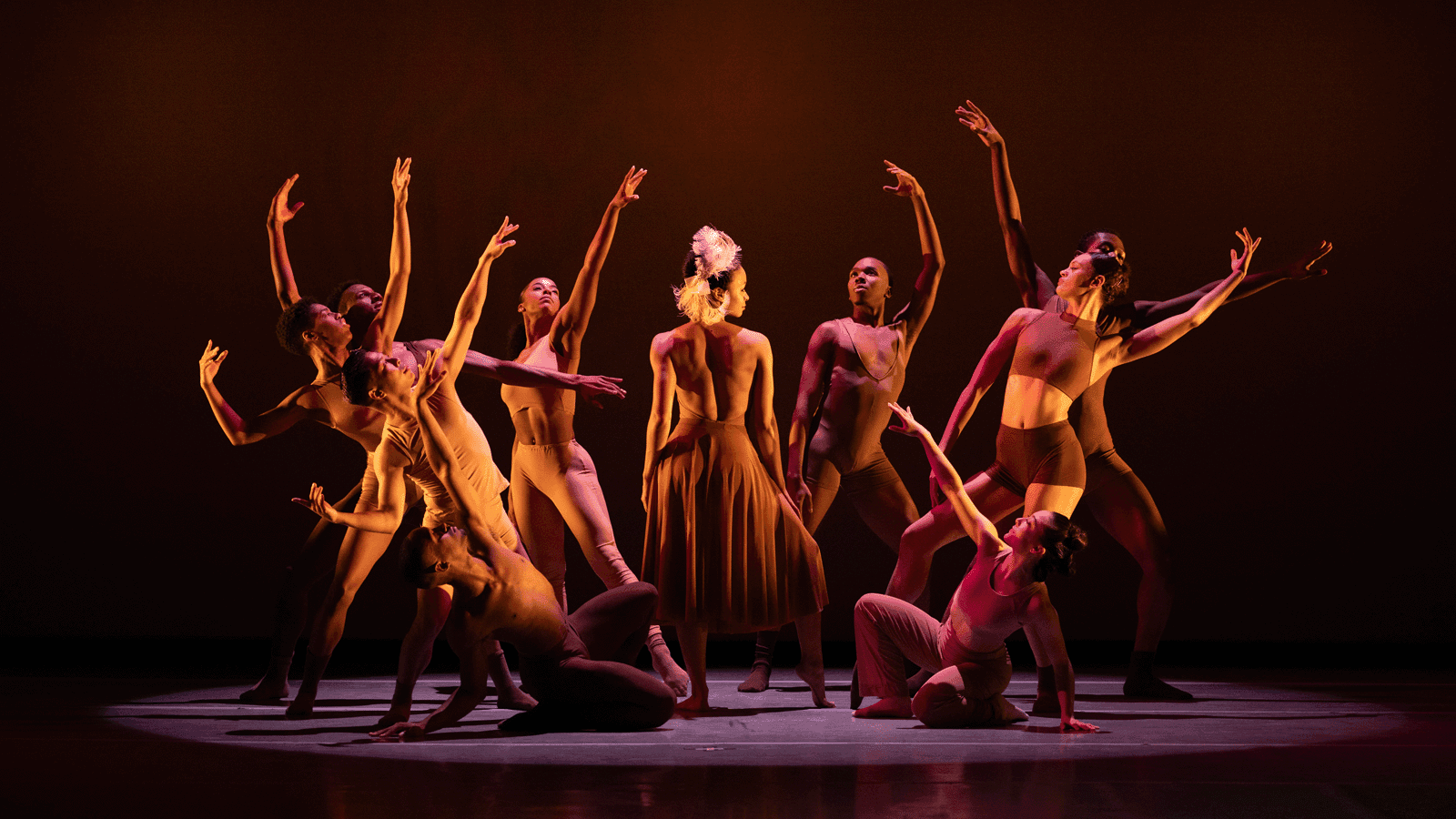 Group of dancers in beige and brown costumes posing dramatically on stage with a dark background. Central figure wears a long skirt and headpiece.