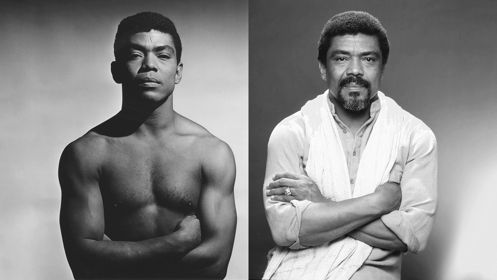  two side by side photos of Alvin Ailey. The photo on the left is him as a young man and the one on the right is him later in life.