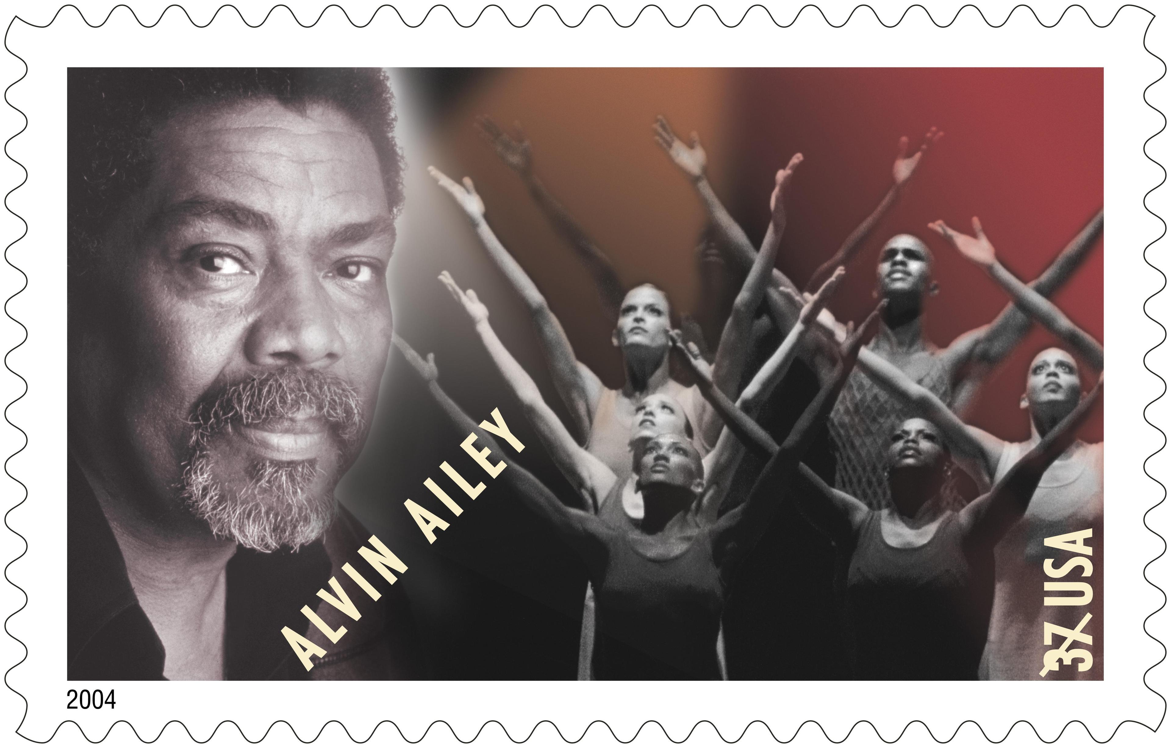  Commemorative postage stamp featuring Alvin Ailey. The stamp shows a portrait of Ailey on the left and dancers from the Alvin Ailey American Dance Theater on the right with arms raised. Text reads Alvin Ailey and 37 USA. The year 2004 is in the bottom left corner.