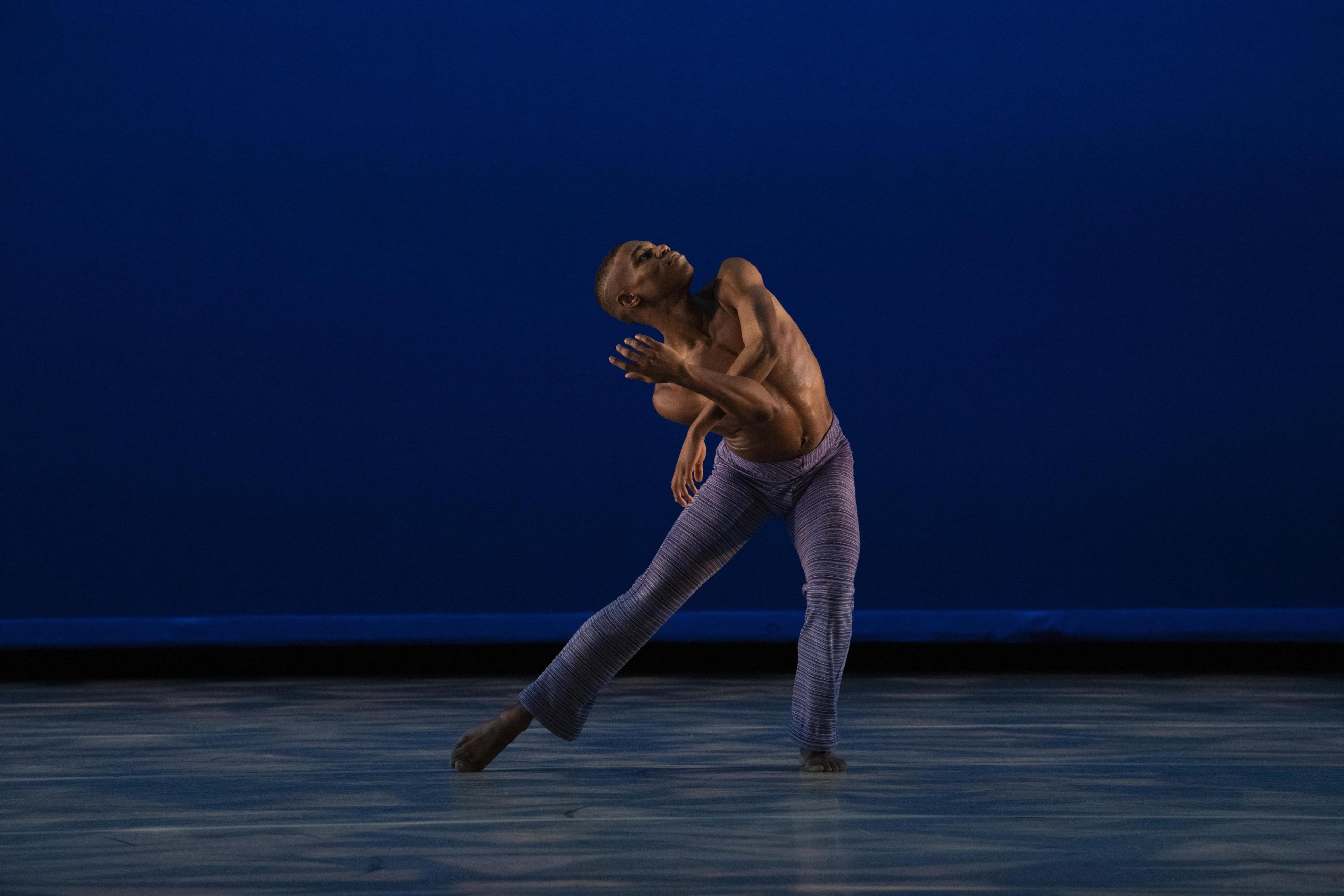 A dancer is on stage. He is wearing purple pants and topless, posing with his arms crossed. The background is blue and the stage has blue lighting.