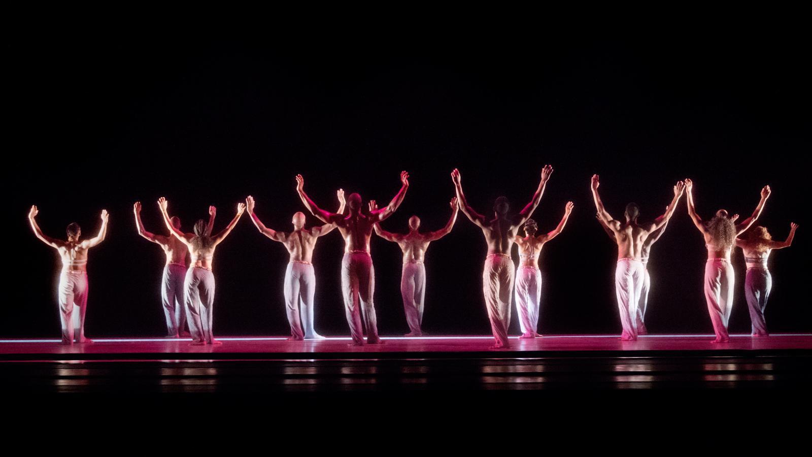 A line of dancers facing away from the camera, their arms raised and slightly bent at the elbows. The dancers are shirtless or in sports bras, wearing loose gray pants, and illuminated by pink and white stage lights against a dark background.