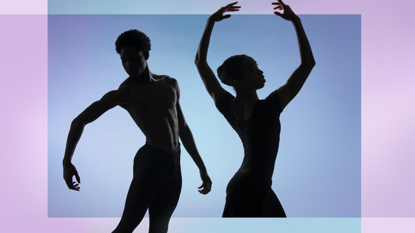 Two dancers are silhouetted with a blue box and pink gradient background. They are posing.