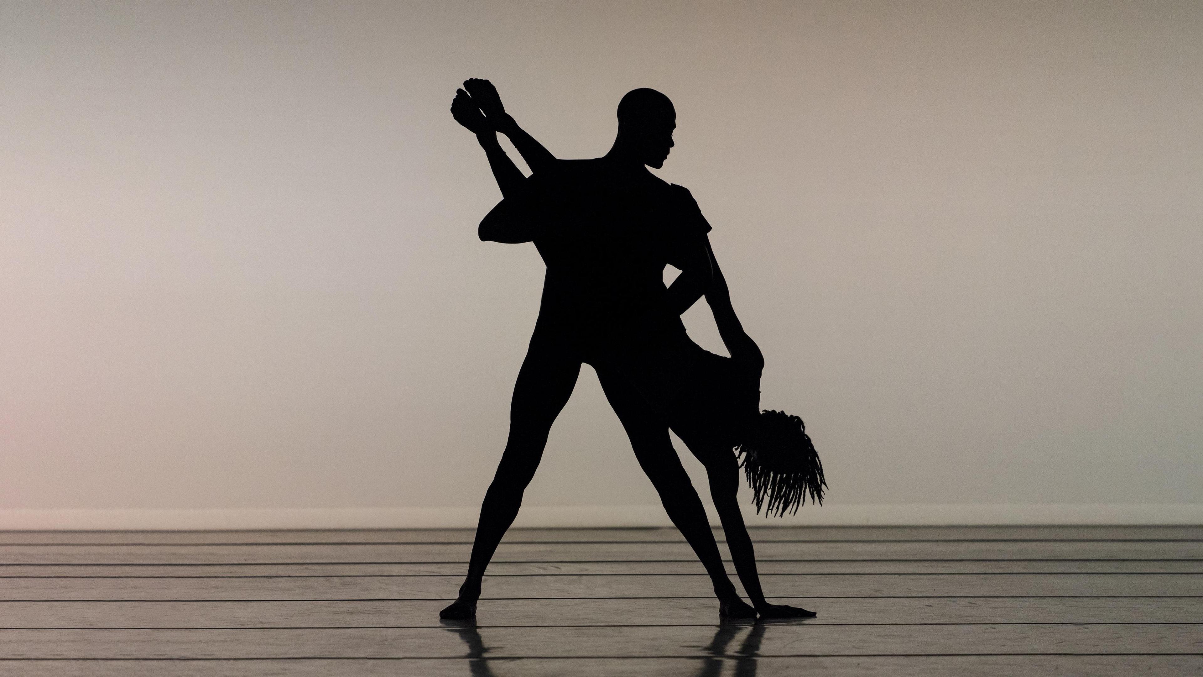 Silhouette of man holding a woman upside down