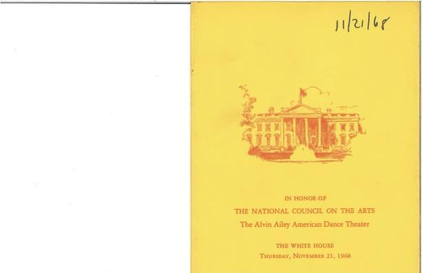 A Yellow cover for The Nationa Council on The Arts program featuring Alvin Ailey American Dance Theater performing at the White house in 1968.